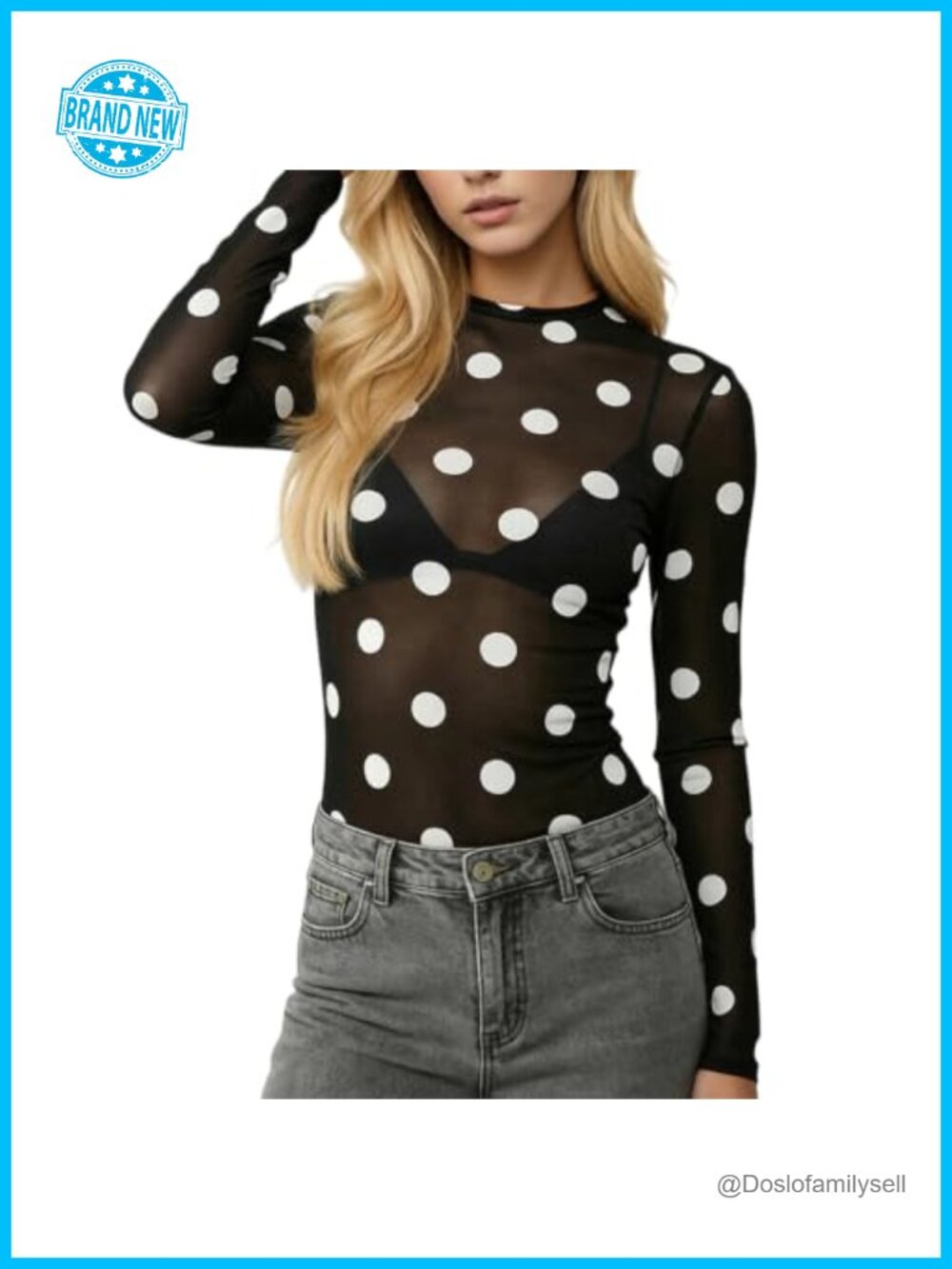 Women's Polka Dots Sheer Mesh Long Sleeve Fitted Top